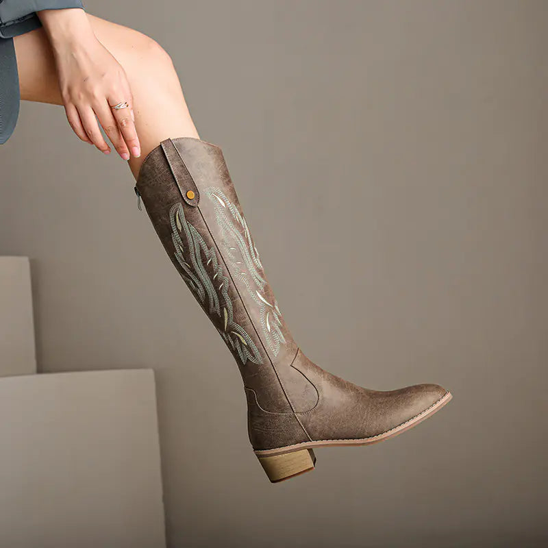 Retro Chunky Heel Embroidered Western Cowboy Boots