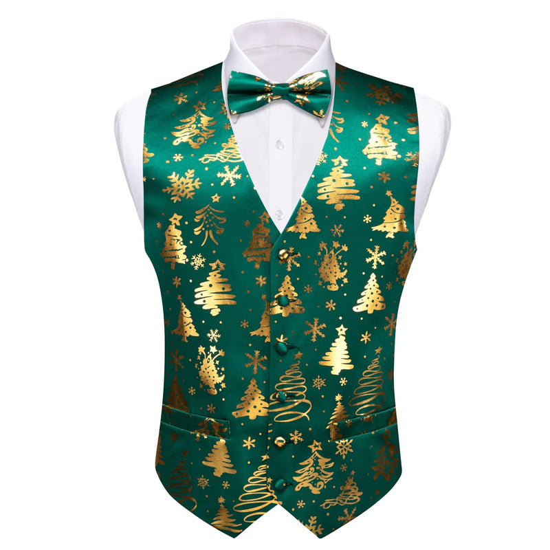Barry.Wang Mens Christmas Vest Green Gold Xmas Tree Snowflake New Year Suit Waistcoat Bow Tie Set Festival Holiday