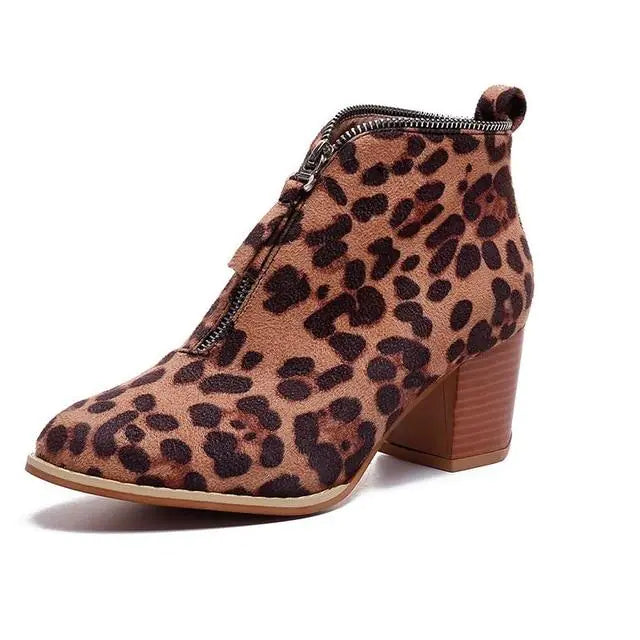 Leopard Print Chunky Heel Ankle Boots for Women