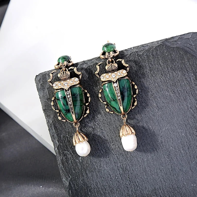 Cultured Pearl Beetle Earrings