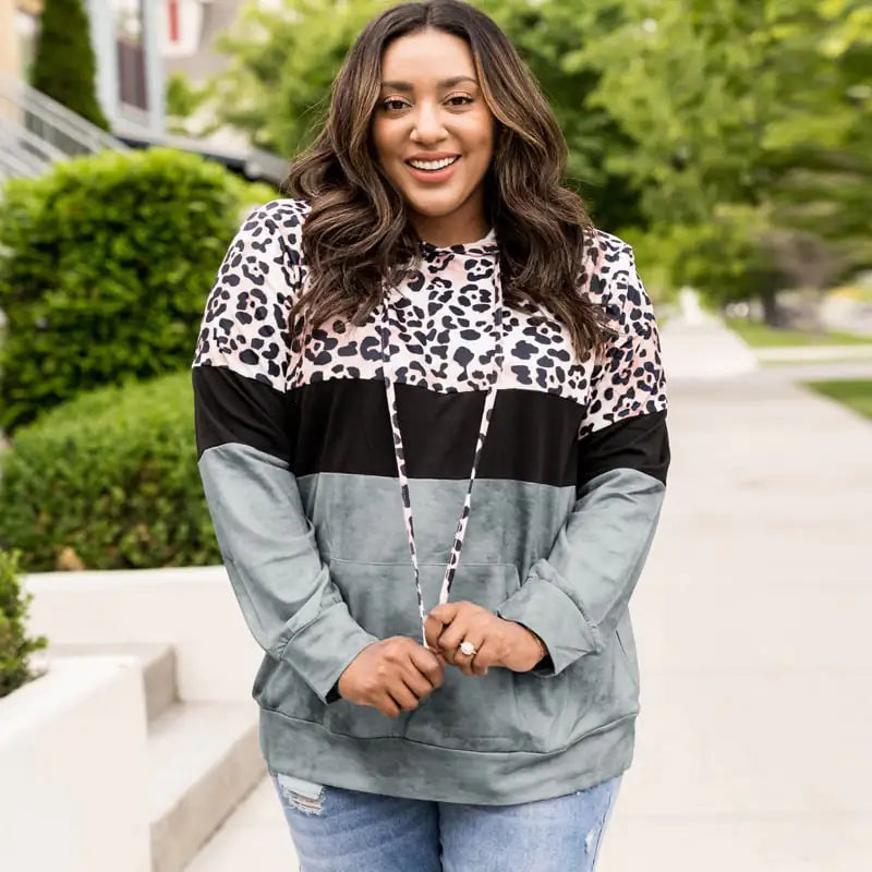 Autumn Leopard Print Contrast Color Hooded Sweater