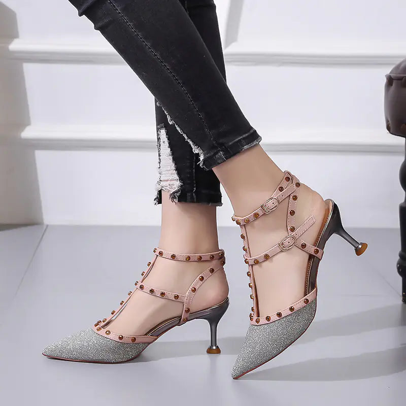 Pointed Toe Stiletto Sandals with Studded Straps