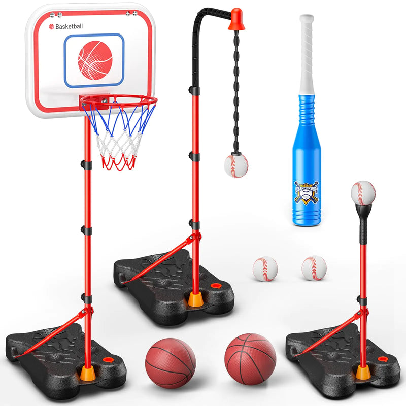 HopeRock 2 in 1 Kids Basketball Hoop and T Ball Set Adjustable Basket Ball StandHanging Tee Baseball for Toddlers Boys Girls Ages 2 3 4 5 6 7 8 Years Old Outdoor and Indoor Toys Gifts