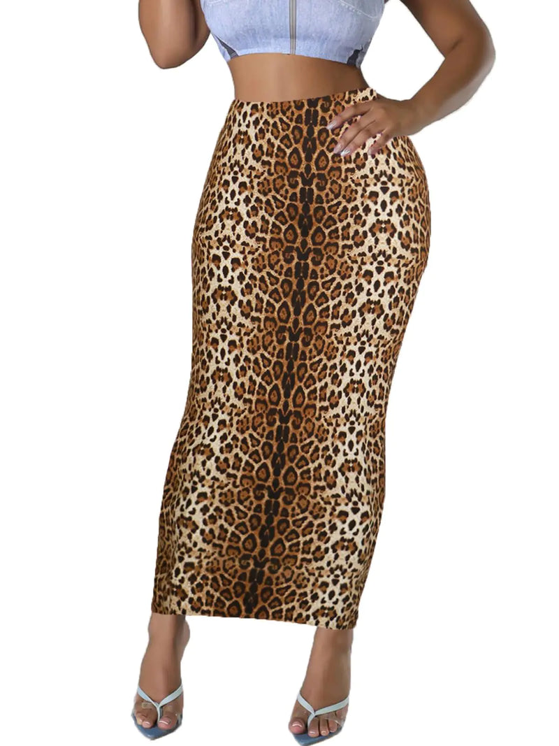 Womens Long Pencil Skirt - High Waisted Summer Fall Y2K Club Bodycon Tight Maxi Skirts Animal Print Cheetah Black L