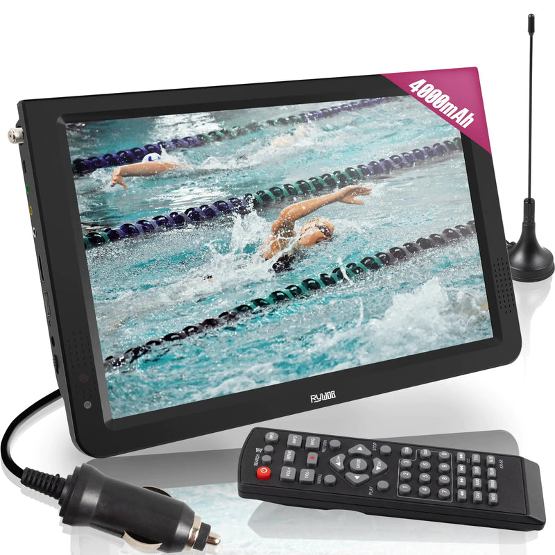 Rywob 12” Portable TV with AntennaBattery Powered TV LCD Monitor Portable TV with ATSCMedia Player (HDMIUSB and AV Input) with Remote&TV StandPortable TV for CampingCarTravel Emergency
