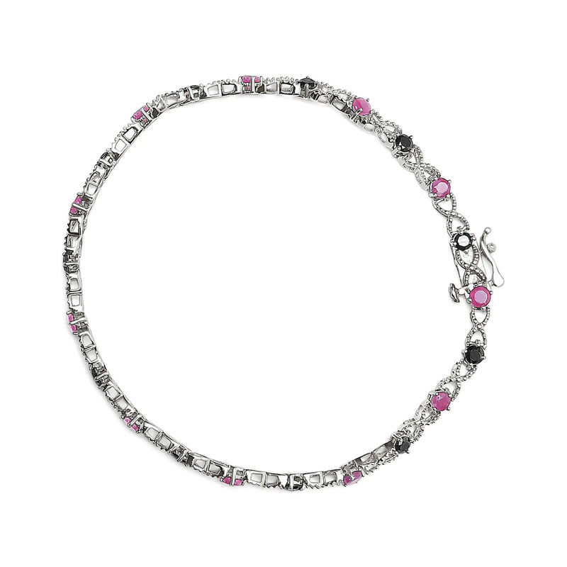 .925 Sterling Silver 1.00 Cttw Treated Black Diamond with 3.00mm Lab Created Pink Ruby 7.25" X-Link Bracelet (Black Color, I2-I3 Clarity)