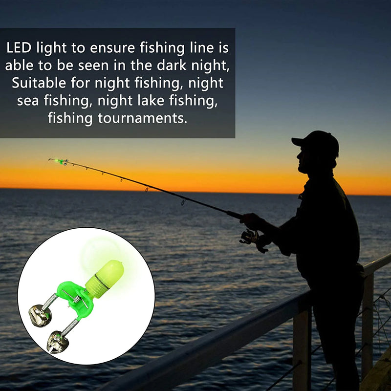 10/40 PC LED Night Fishing Bite Bait Alarm 2 Bells Light Rod Tip Clip Alert Ring