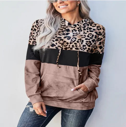 Autumn Leopard Print Contrast Color Hooded Sweater