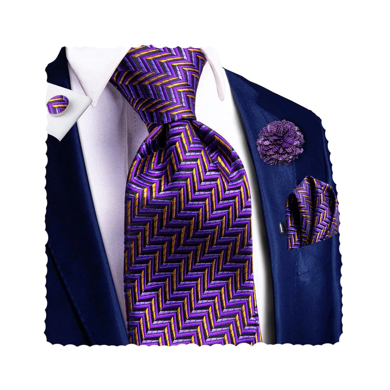 Hi-Tie Mens Silk Ties Lapel Pin Handkerchief Cufflinks Set Striped/Paisley/Floral Necktie Sets Wedding Business PartyPurple Stripe