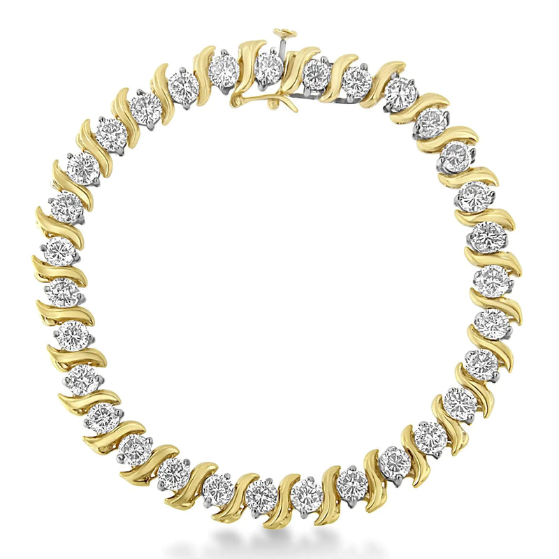 14K Yellow Gold 10.0 Cttw 2-Prong Set Round Cut Diamond S-Link Bracelet (J-K Color, SI2-I1 Clarity) -7.5" Inches