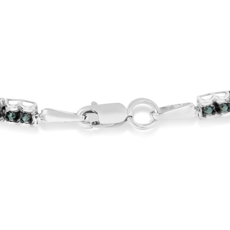 Black Rhodium over .925 Sterling Silver 1.0 Cttw Rose Cut Diamond Double-Link 7" Tennis Bracelet (Blue Color, I1-I2 Clarity)