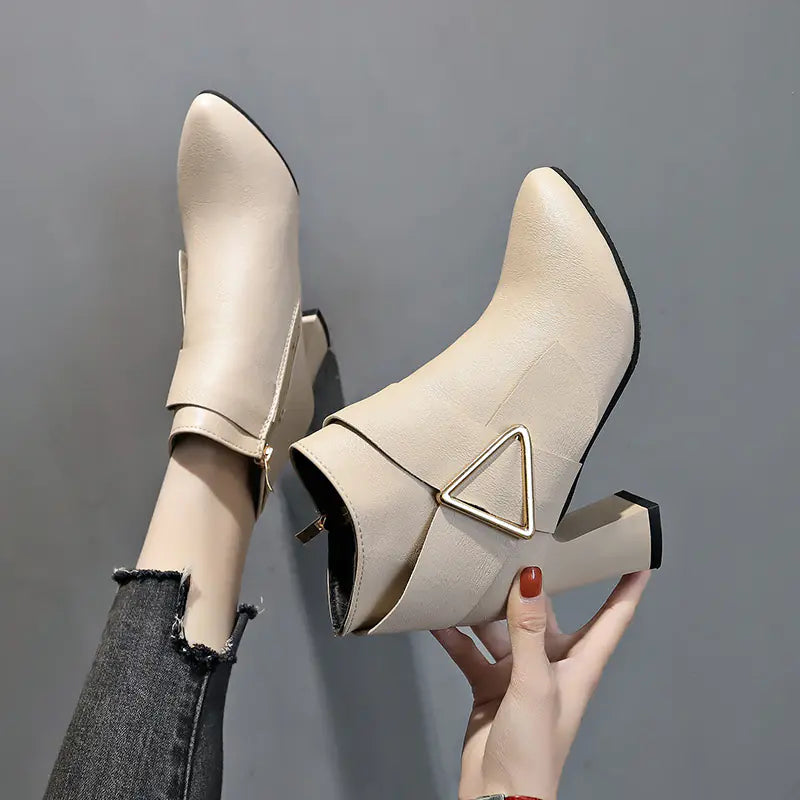 Chic Chunky Heel Pointed Toe Ankle Boots with Metal Decor