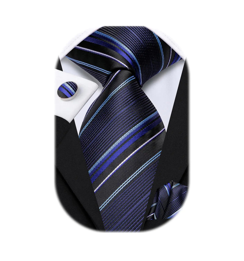 Dubulle Ties for Men Silk Mens Paisley/FloraL/Striped Necktie and Handkerchief Cufflinks WeddingNavy Blue Stripe