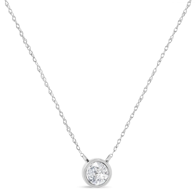 AGS Certified 10K Gold Bezel Set Round Diamond Solitaire 16-18" Adjustable Pendant Necklace (H-I Color, SI1-SI2 Clarity)