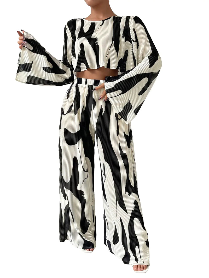 Verdusa Womens 2 Piece Sets Dressy Brunch Outfits Bell Sleeve Pleated Crop Top Pants Sets Business Casual Outfits Black and White Large