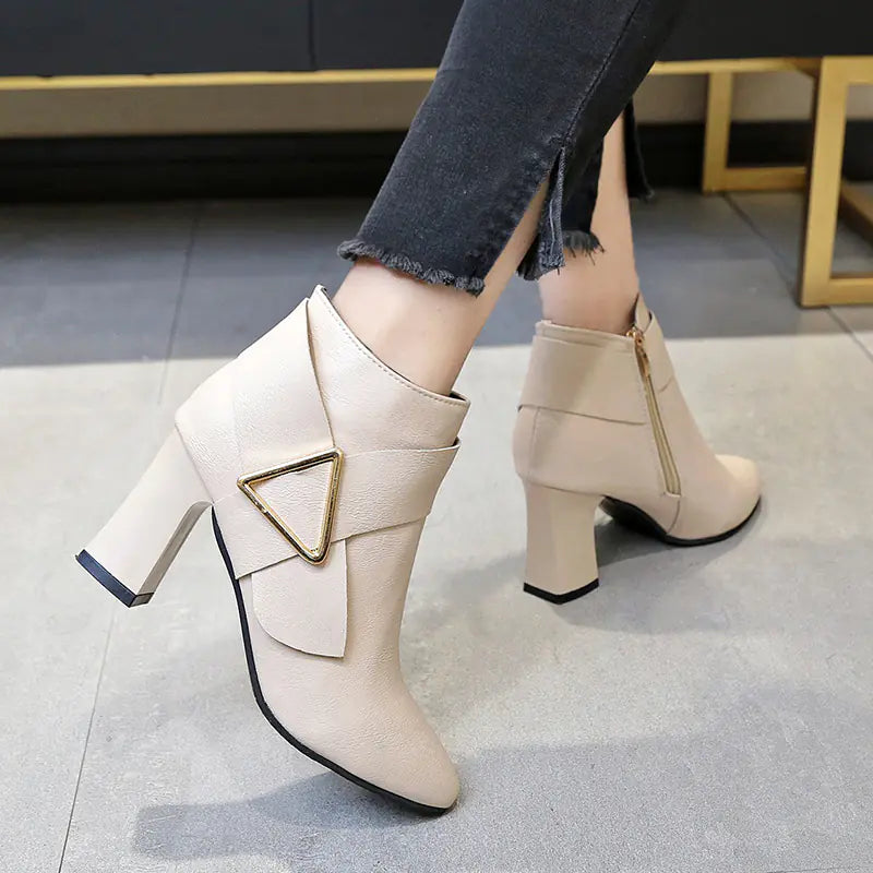 Chic Chunky Heel Pointed Toe Ankle Boots with Metal Decor