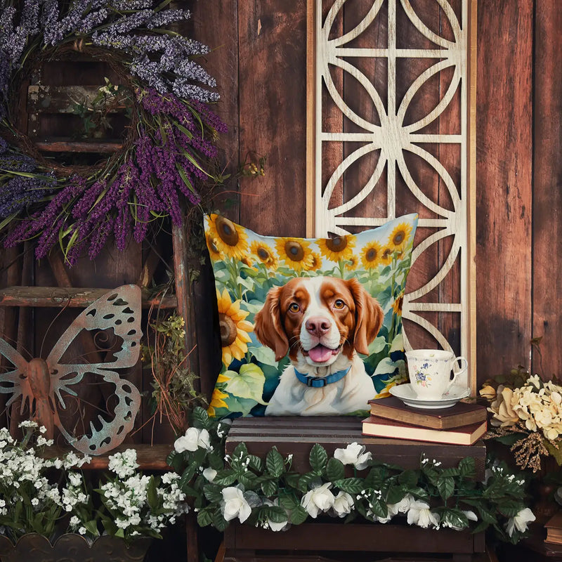 Brittany Spaniel in Sunflowers Throw Pillow