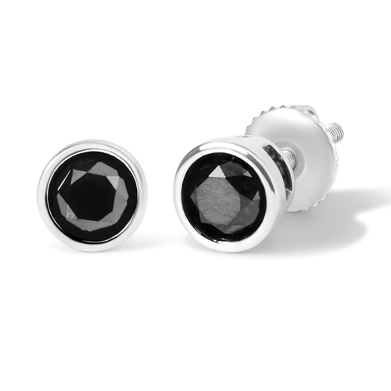 .925 Sterling Silver Round Brilliant-Cut Black Diamond Bezel-Set Stud Earrings with Screw Backs (Fancy Color-Enhanced, I2-I3 Clarity)