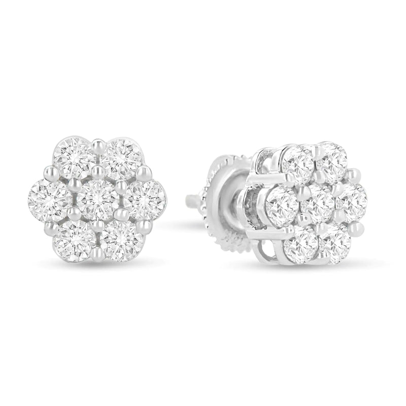 14K White Gold 1 1/2 cttw Prong Set Round-Cut Diamond Floral Cluster Stud Earrings (I-J Color, SI1-SI2 Clarity)