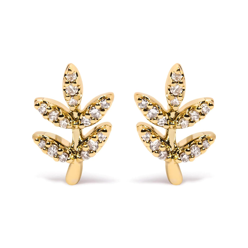 10K Yellow Gold 1/10 Cttw Diamond Accented Leaf and Branch Stud Earrings (H-I Color, I1-I2 Clarity)