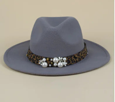 Fashion Pearl Leopard Print Wool Fedora Hat for Women