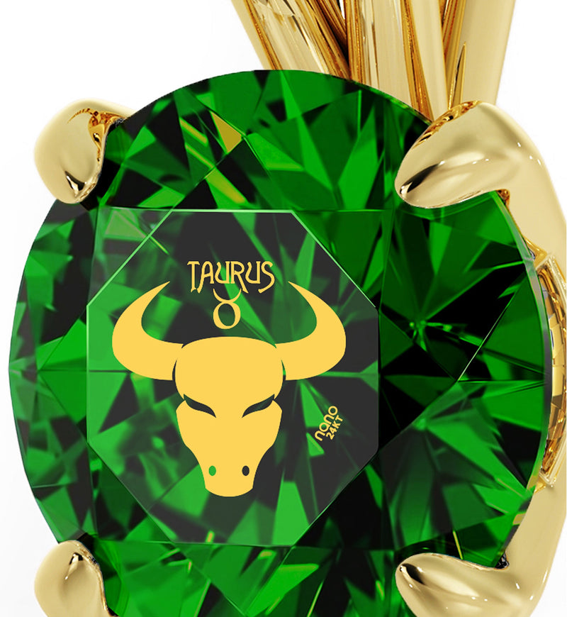 Gold Plated Silver Taurus Necklace Zodiac Pendant 24k Gold Inscribed on Crystal