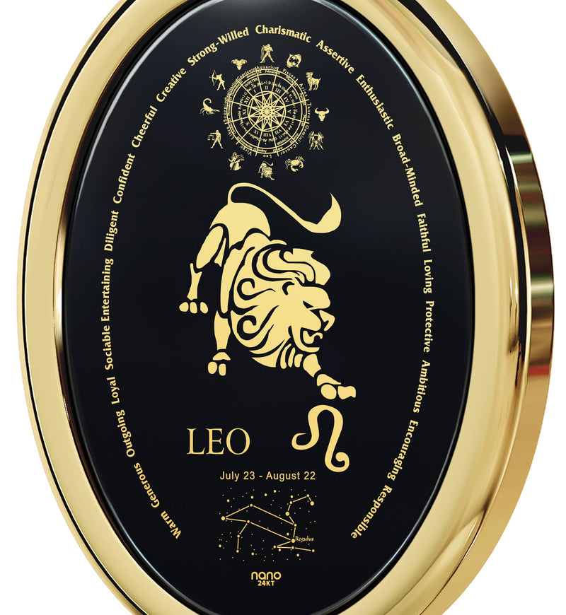 Leo Necklace Zodiac Pendant 24k Gold Inscribed on Onyx Stone