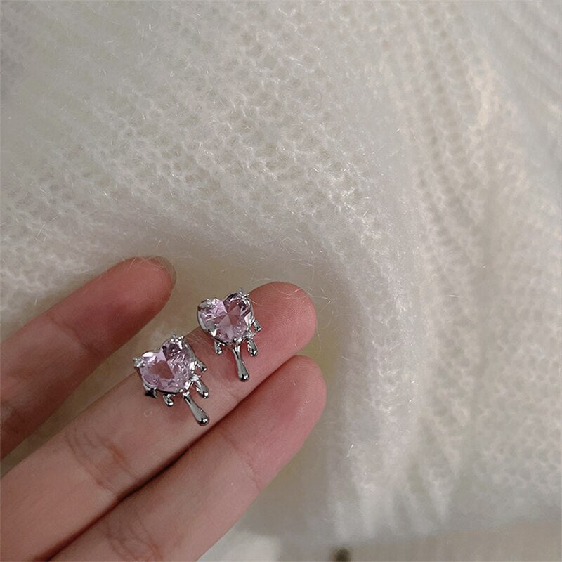 Pink Crystal Heart Aesthetic Earrings