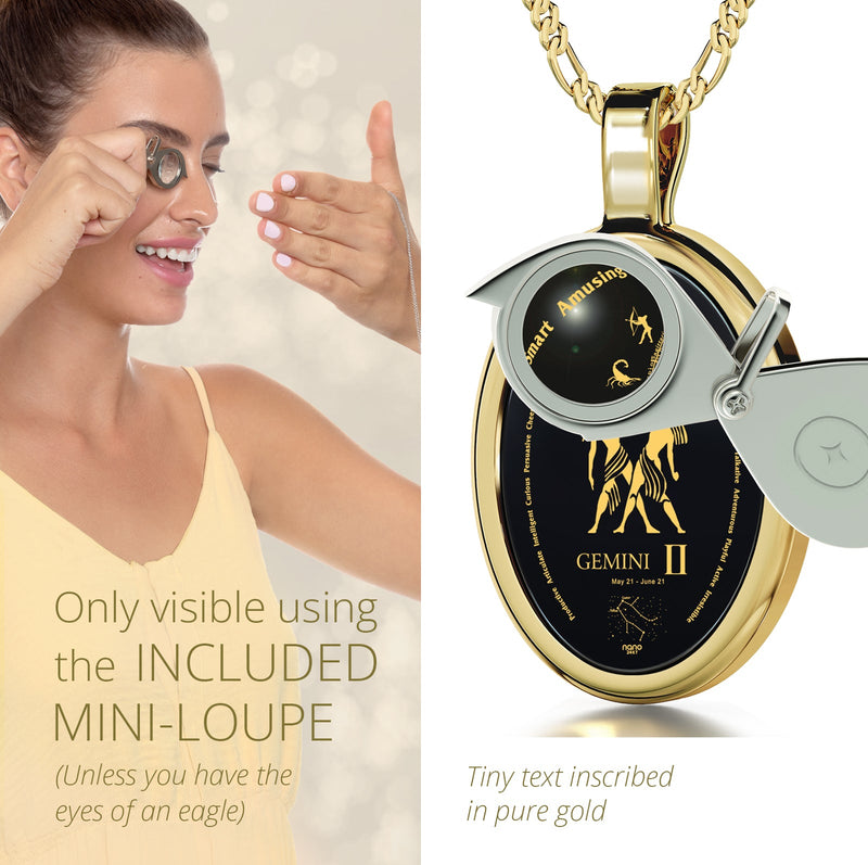 Gemini Necklace Zodiac Pendant 24k Gold Inscribed on Onyx Stone