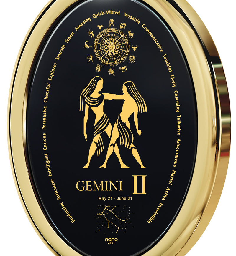 Gemini Necklace Zodiac Pendant 24k Gold Inscribed on Onyx Stone