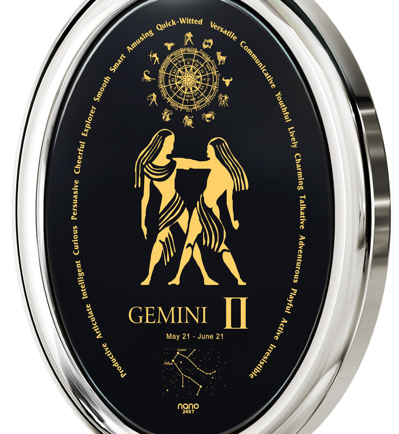 Gemini Necklace Zodiac Pendant 24k Gold Inscribed on Onyx Stone