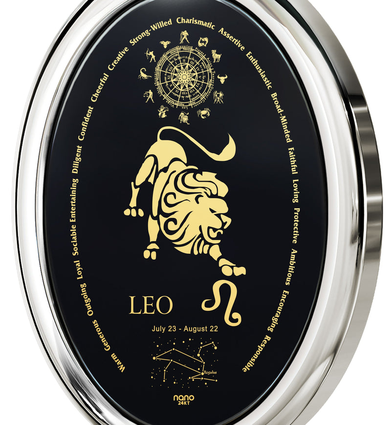 Leo Necklace Zodiac Pendant 24k Gold Inscribed on Onyx Stone